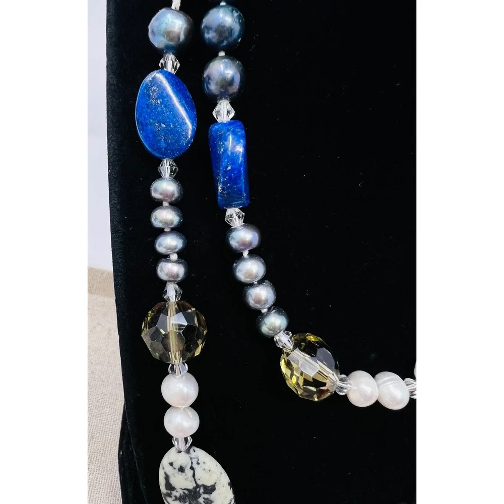 Lapis Lazuli Dalmatian Jasper and Pearl Long Strand Beaded Necklace
